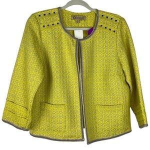 Democracy hook loop closure jacket pockets adorned trim studded Sz L Yellow/Gray